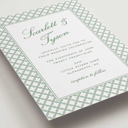 This is a fern letterpress wedding invitations with letterpress by Angela Garrick called garden trellis printing on white cotton in standard