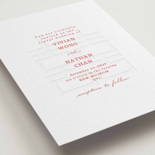 This is a ruby letterpress wedding invitations with letterpress by Deborah Chou called simply happy printing on white cotton in standard