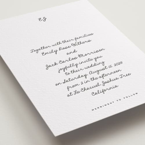 This is a soft black letterpress wedding invitations with letterpress by Blustery August called lover's lantern printing on white cotton in standard