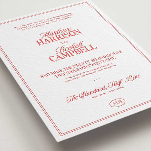 This is a ruby letterpress wedding invitations with letterpress by Jenna Holcomb called vermilion printing on white cotton in standard