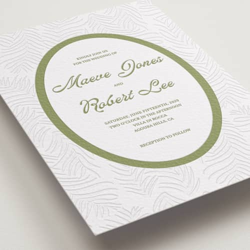 This is a olive letterpress wedding invitations with letterpress by Julia Liverton called palm shade printing on white cotton in standard