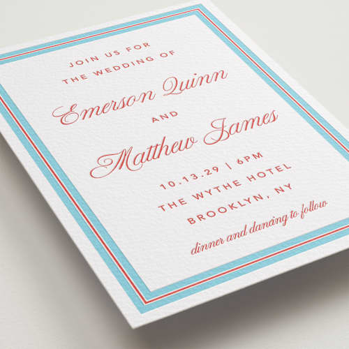 This is a ruby letterpress wedding invitations with letterpress by Kelly Watkins called charm printing on white cotton in standard