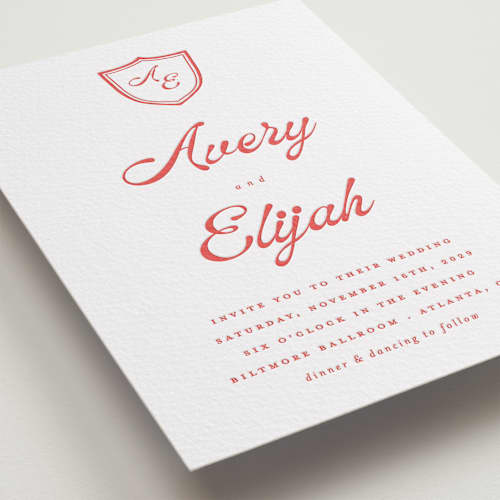 This is a ruby letterpress wedding invitations with letterpress by Morgan Kendall called prep school printing on white cotton in standard