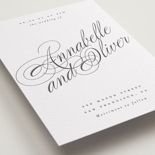 This is a soft black letterpress wedding invitations with letterpress by Hudson meet Rose called forever printing on white cotton in standard