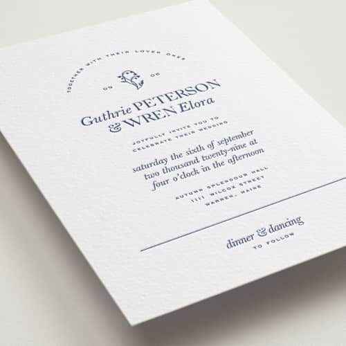 This is a lapis letterpress wedding invitations with letterpress by Bramble Studio called bluebell dinner printing on white cotton in standard