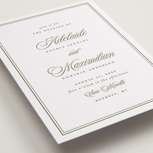 This is a olive letterpress wedding invitations with letterpress by Ellen Schlegelmilch called museo printing on white cotton in standard