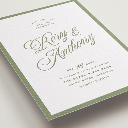 This is a olive letterpress wedding invitations with letterpress by Ellen Schlegelmilch called rory printing on white cotton in standard