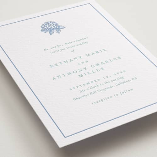 This is a robin's egg | pacific blue letterpress wedding invitations with letterpress by Stacey Meacham called hydrangea bloom printing on white cotton in standard