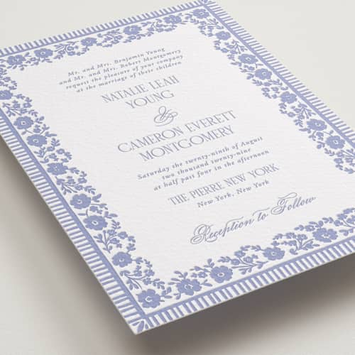 This is a bluebell letterpress wedding invitations with letterpress by Jenna Holcomb called embroidered printing on white cotton in standard