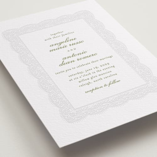 This is a pistachio letterpress wedding invitations with letterpress by Erica Krystek called chantilly printing on white cotton in standard