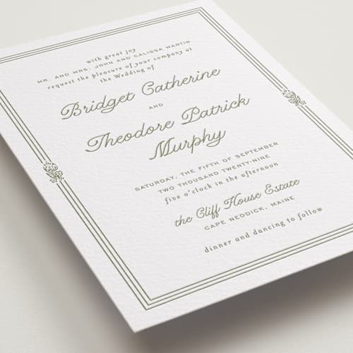 This is a artichoke letterpress wedding invitations with letterpress by Kate Ahn called court printing on white cotton in standard