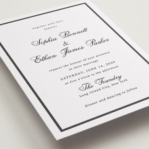 This is a soft black letterpress wedding invitations with letterpress by Cass Loh called chic union printing on white cotton in standard