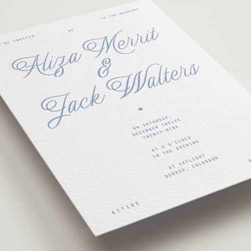 This is a pacific blue letterpress wedding invitations with letterpress by Blustery August called cheers printing on white cotton in standard