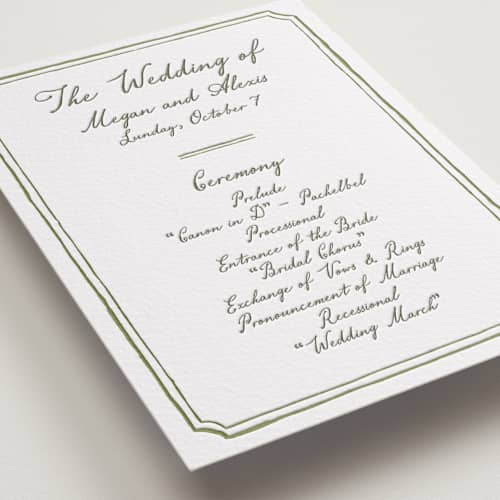 This is a artichoke unique wedding programs with letterpress by Cass Loh called handwritten printing on white cotton in standard