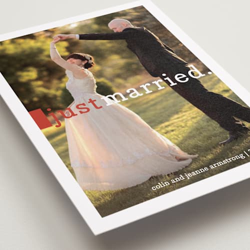 This is a crimson wedding announcements with standard by Snow and Ivy called be joyful printing on recycled smooth signature in standard