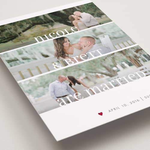 This is a burgundy wedding announcements with standard by Susie Allen called clean merry wishes printing on recycled smooth signature in standard