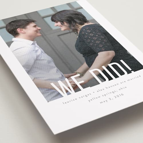 This is a cement wedding announcements with standard by Up Up Creative called date check printing on recycled smooth signature in standard