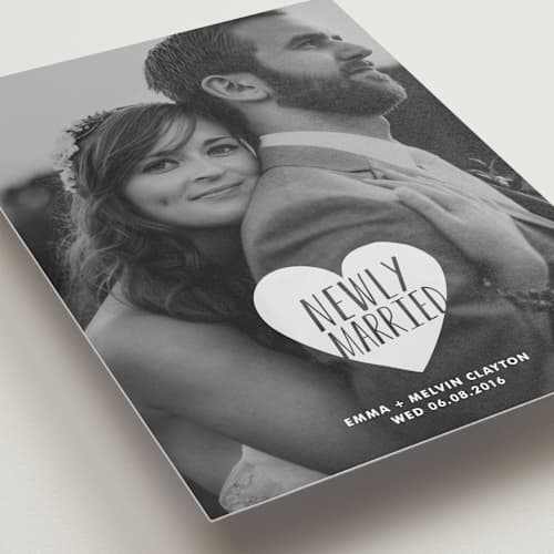 This is a frost wedding announcements with standard by Kim Chow called merry + married printing on recycled smooth signature in standard