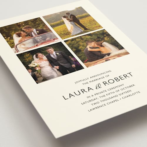 This is a ivory wedding announcements with standard by Carrie Eckert called moments captured printing on recycled smooth signature in standard