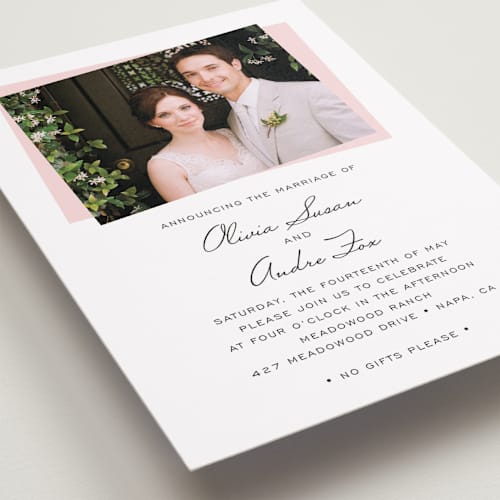This is a soft petal wedding announcements with standard by SimpleTe Design called romantic frame printing on recycled smooth signature in standard