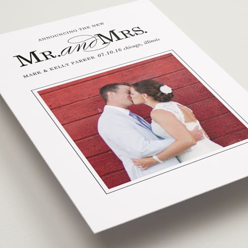 This is a coal wedding announcements with standard by Leslie Ann Jones called same last name printing on recycled smooth signature in standard