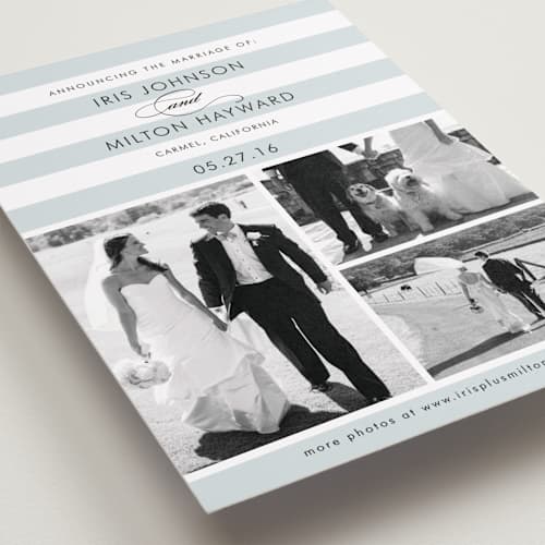This is a overcast blue wedding announcements with standard by Jill Means called striped gallery printing on recycled smooth signature in standard