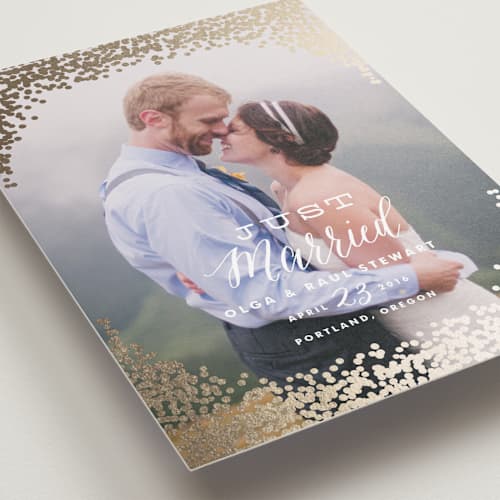 This is a gold wedding announcements with foil pressed by Annie Clark called gold rush printing on recycled smooth signature in standard