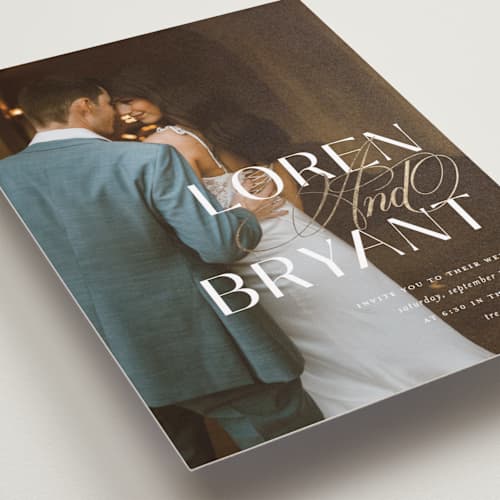 This is a cotton foil stamped wedding invitations with foil pressed by Christie Garcia called loren printing on recycled smooth signature in standard