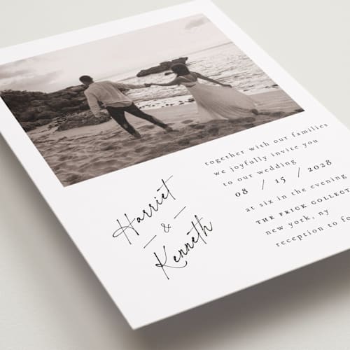 This is a linen wedding invitations with standard by Ana de Sousa called scripted elegance printing on recycled smooth signature in standard