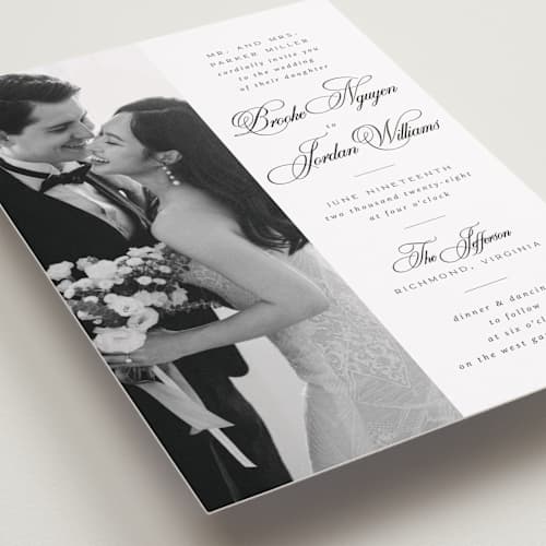 This is a tuxedo wedding invitations with standard by Orasie called side by side printing on recycled smooth signature in standard