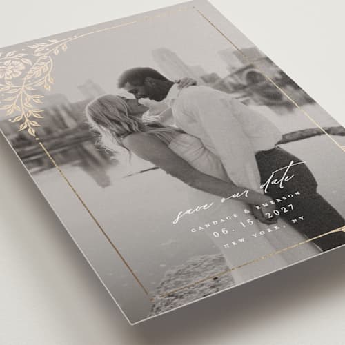 This is a ivory foil stamped save the date cards with foil pressed by Ana de Sousa called gilded nouveau frame printing on recycled smooth signature in standard