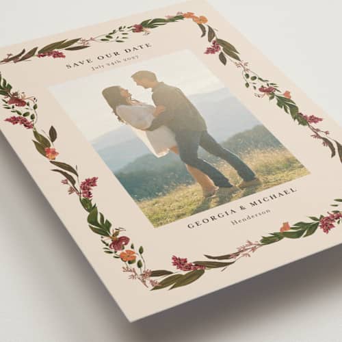 This is a harvest foil stamped save the date cards with foil pressed by Susan Moyal called harmony printing on recycled smooth signature in standard