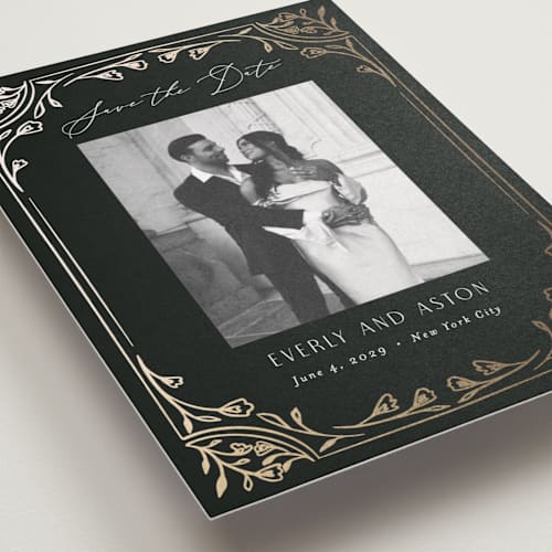This is a onyx foil stamped save the date cards with foil pressed by Nicoletta Savod called majesty printing on recycled smooth signature in standard