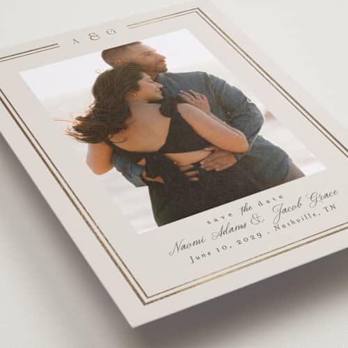 This is a champagne foil stamped save the date cards with foil pressed by Nicole Walsh called grace printing on recycled smooth signature in standard