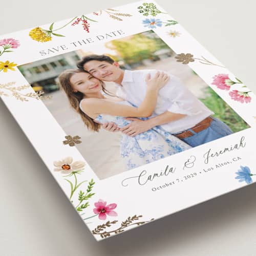 This is a garden foil stamped save the date cards with foil pressed by Yaling Hou Suzuki called bright garden printing on recycled smooth signature in standard