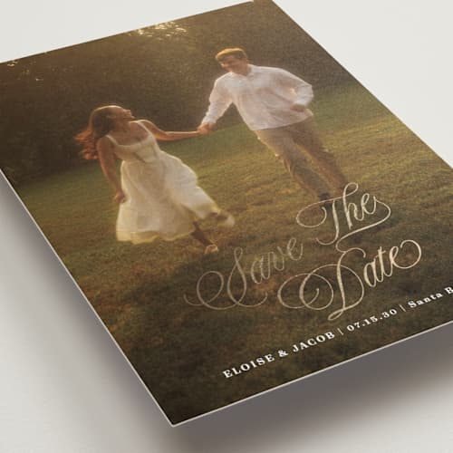 This is a ivory foil stamped save the date cards with foil pressed by Shirley Lin Schneider called classic romanticism printing on recycled smooth signature in standard