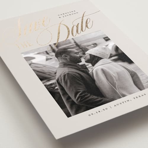 This is a buttercream foil stamped save the date cards with foil pressed by Jessica Williams called belmont printing on recycled smooth signature in standard