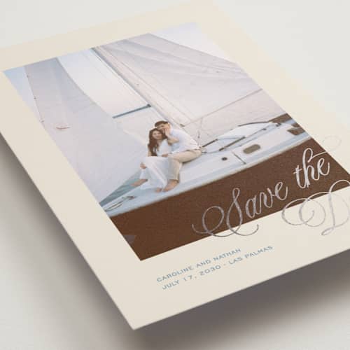 This is a capri foil stamped save the date cards with foil pressed by Creo Study called classic contemporary printing on recycled smooth signature in standard