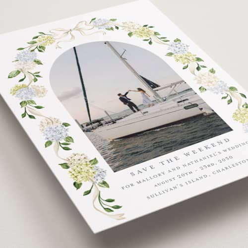 This is a coastline foil stamped save the date cards with foil pressed by Sarah Knight called coastal hydrangea printing on recycled smooth signature in standard