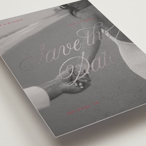 This is a crimson foil stamped save the date cards with foil pressed by Vera Lim called poster. printing on recycled smooth signature in standard