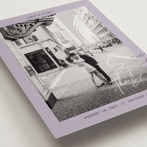 This is a lilac foil stamped save the date cards with foil pressed by Inkblot Design called metro printing on recycled smooth signature in 5x7