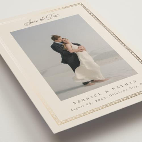 This is a champagne foil stamped save the date cards with foil pressed by Deynaaz Daraei called ahlum printing on recycled smooth signature in standard