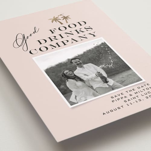 This is a blush foil stamped save the date cards with foil pressed by Laura Hamm called tropical getaway printing on recycled smooth signature in standard