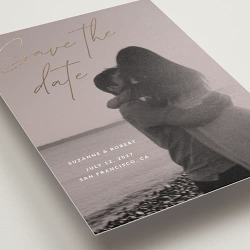 This is a rose foil stamped save the date cards with foil pressed by Sumak Studio called blush printing on recycled smooth signature in standard