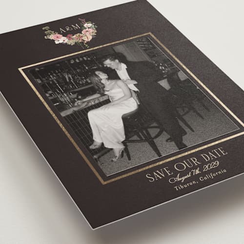 This is a blush foil stamped save the date cards with foil pressed by Susan Moyal called flouriishing printing on recycled smooth signature in standard