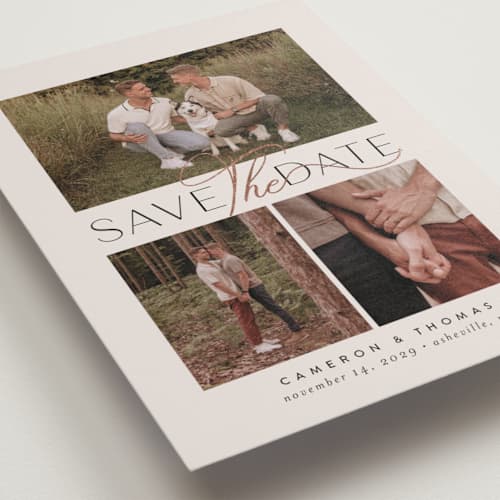 This is a chalk foil stamped save the date cards with foil pressed by Jessica Williams called flourished printing on recycled smooth signature in standard