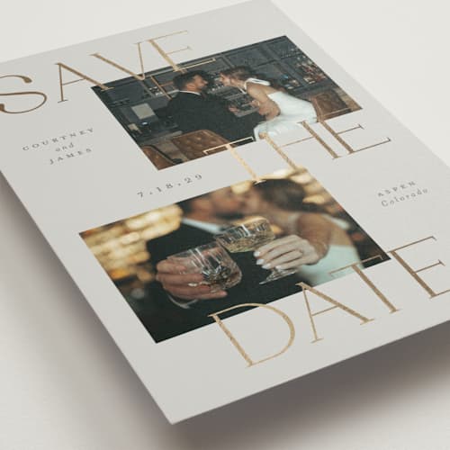 This is a almond foil stamped save the date cards with foil pressed by Emily Betts called stacked printing on recycled smooth signature in standard