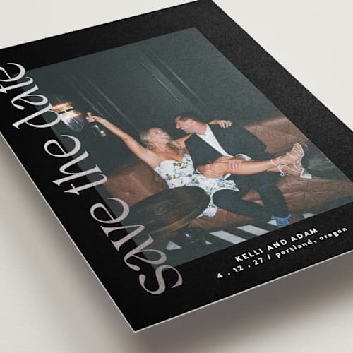 This is a ink foil stamped save the date cards with foil pressed by Roxy Cervantes called cover page printing on recycled smooth signature in standard