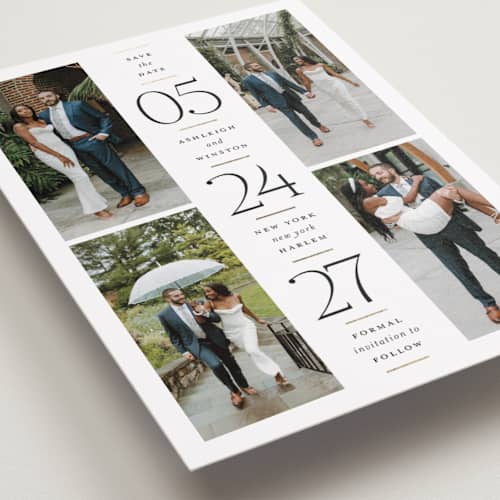 This is a opal foil stamped save the date cards with foil pressed by Heather Schertzer called formal date printing on recycled smooth signature in standard