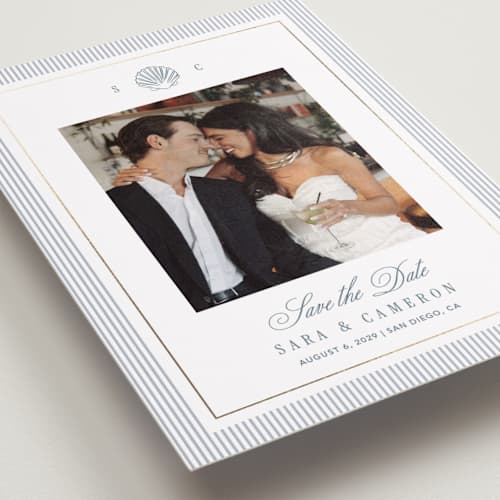 This is a coast foil stamped save the date cards with foil pressed by Kelly Schmidt called seashore printing on recycled smooth signature in standard